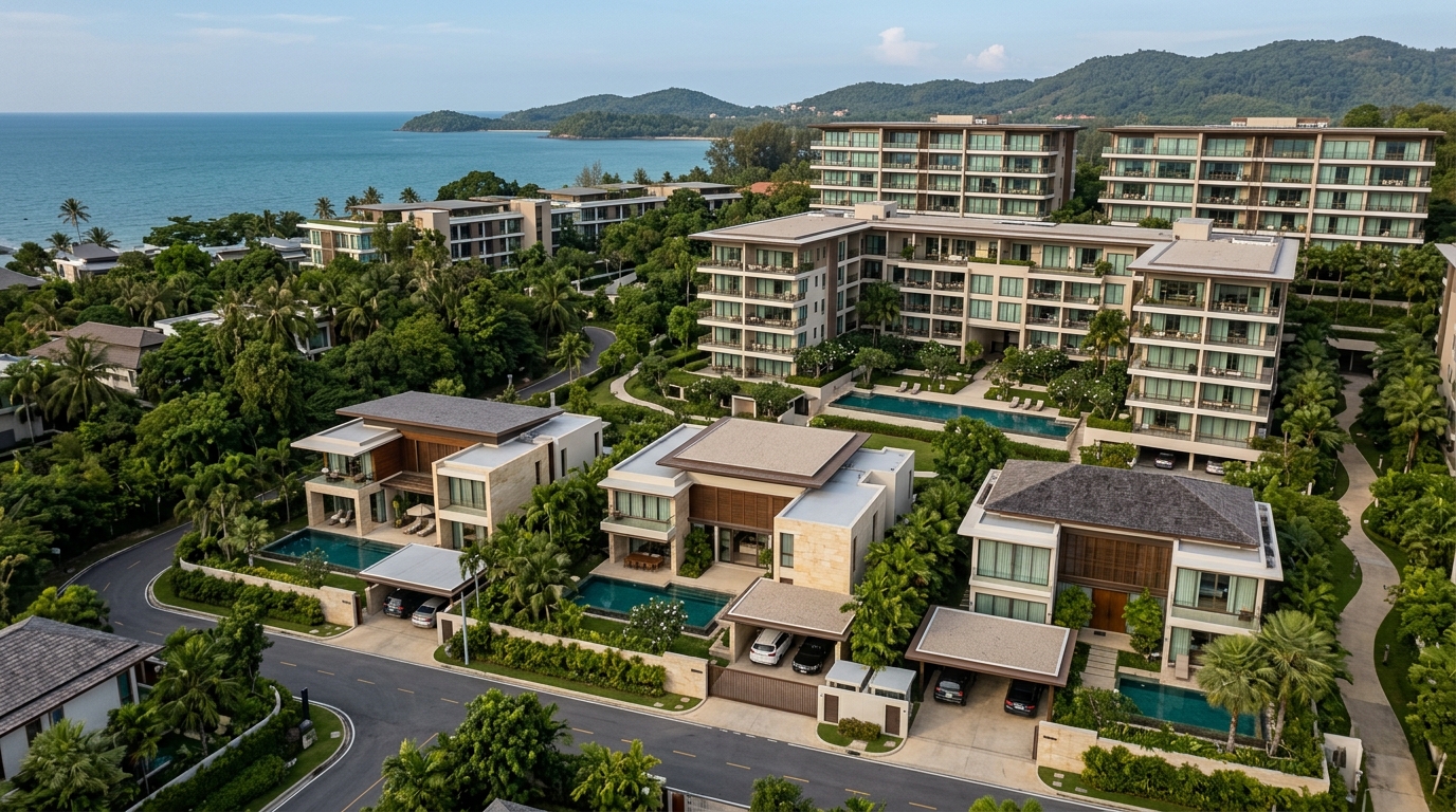 Aerial view of luxury villas, serviced residences and condos for long-stay living in coastal Thailand.