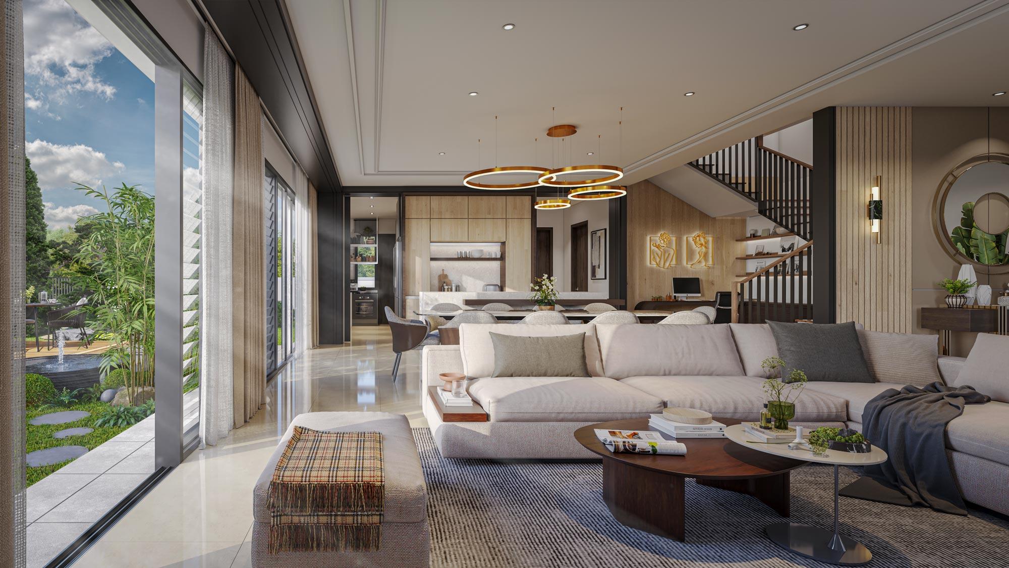 Open-plan living room in the Type A Family Villa at The Trinity Village