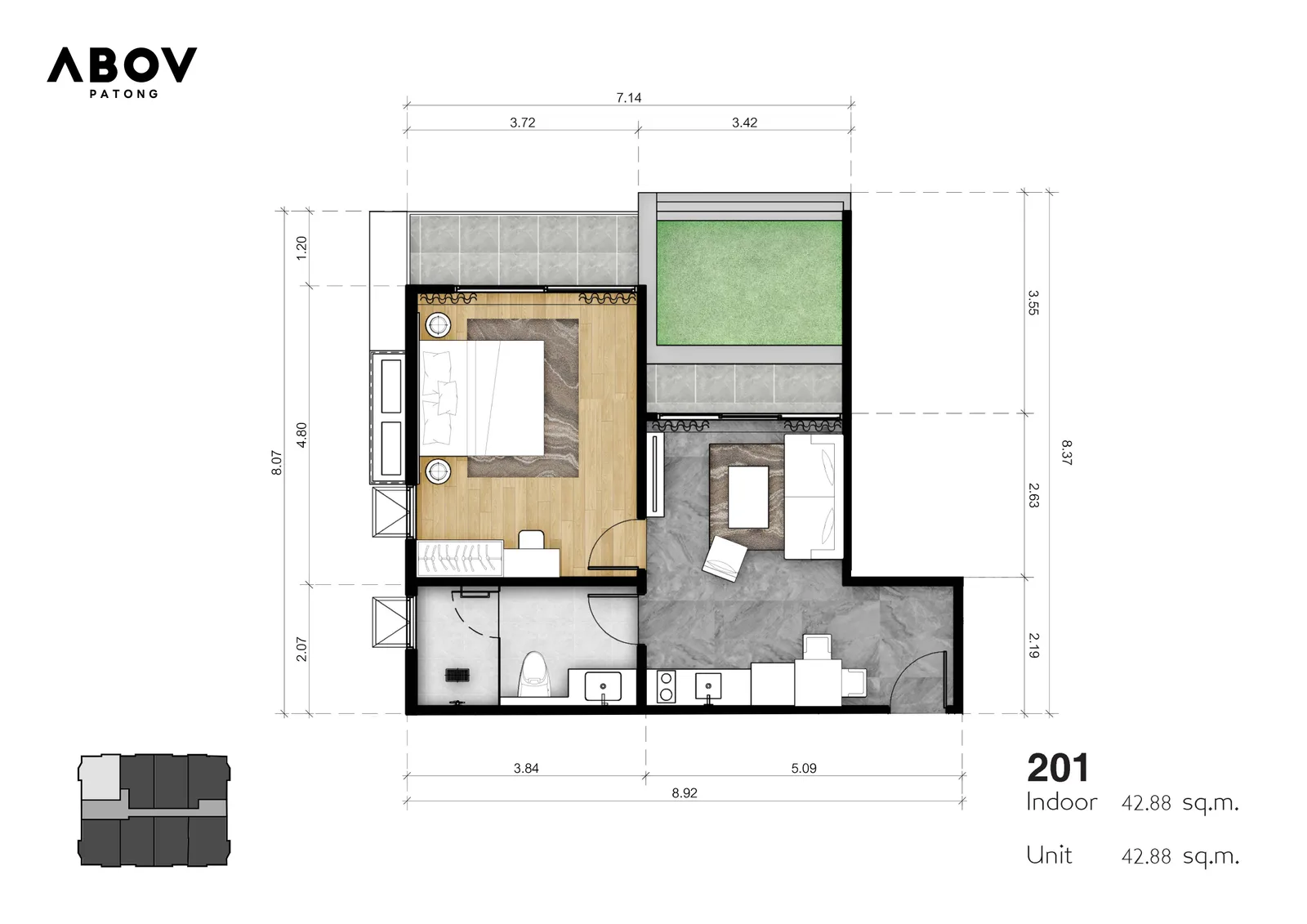 1-bedroom condo, 44 sqm