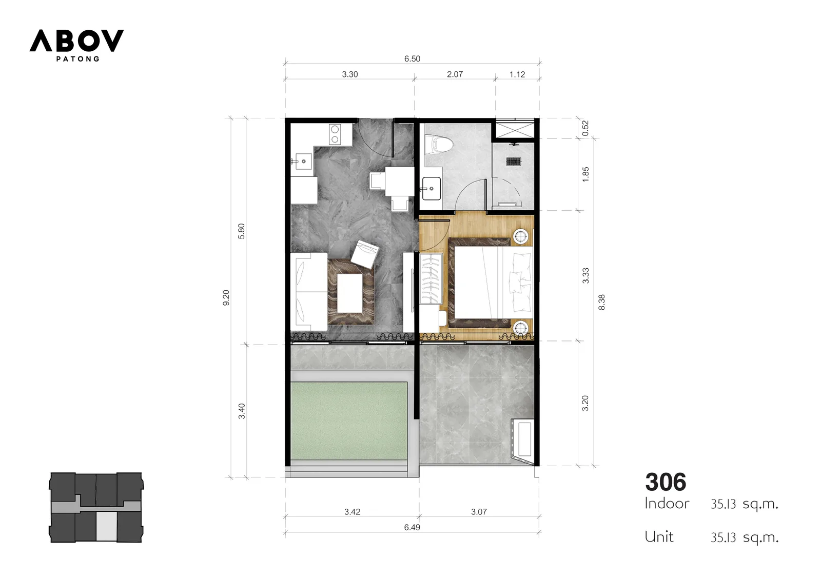 1-bedroom condo, 44 sqm