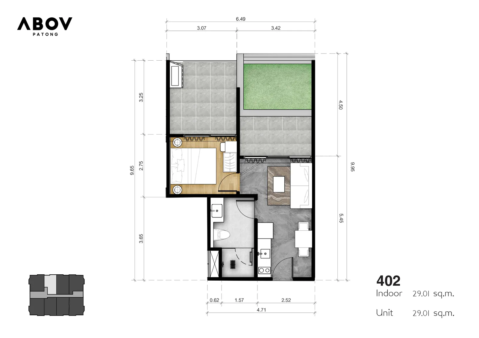 1-bedroom condo, 44 sqm