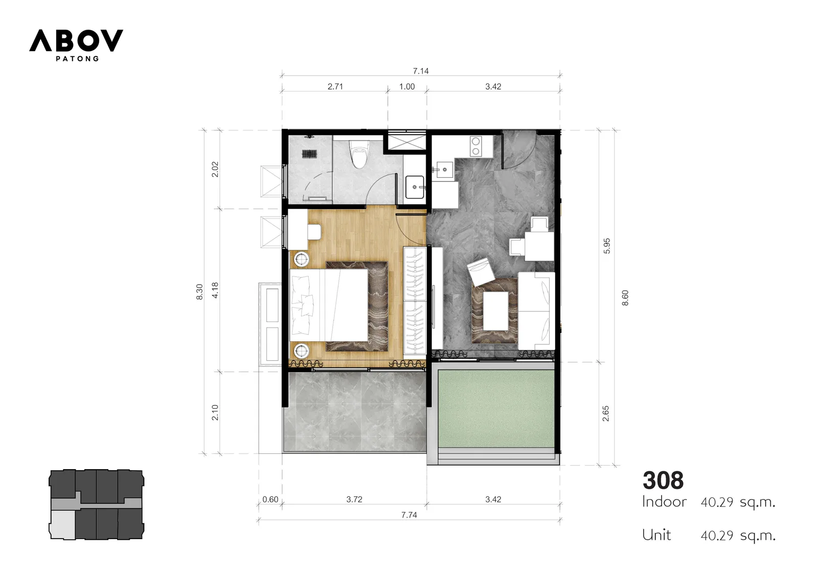1-bedroom condo, 44 sqm