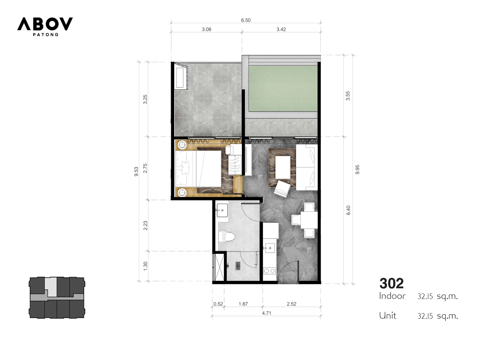 1-bedroom condo, 44 sqm