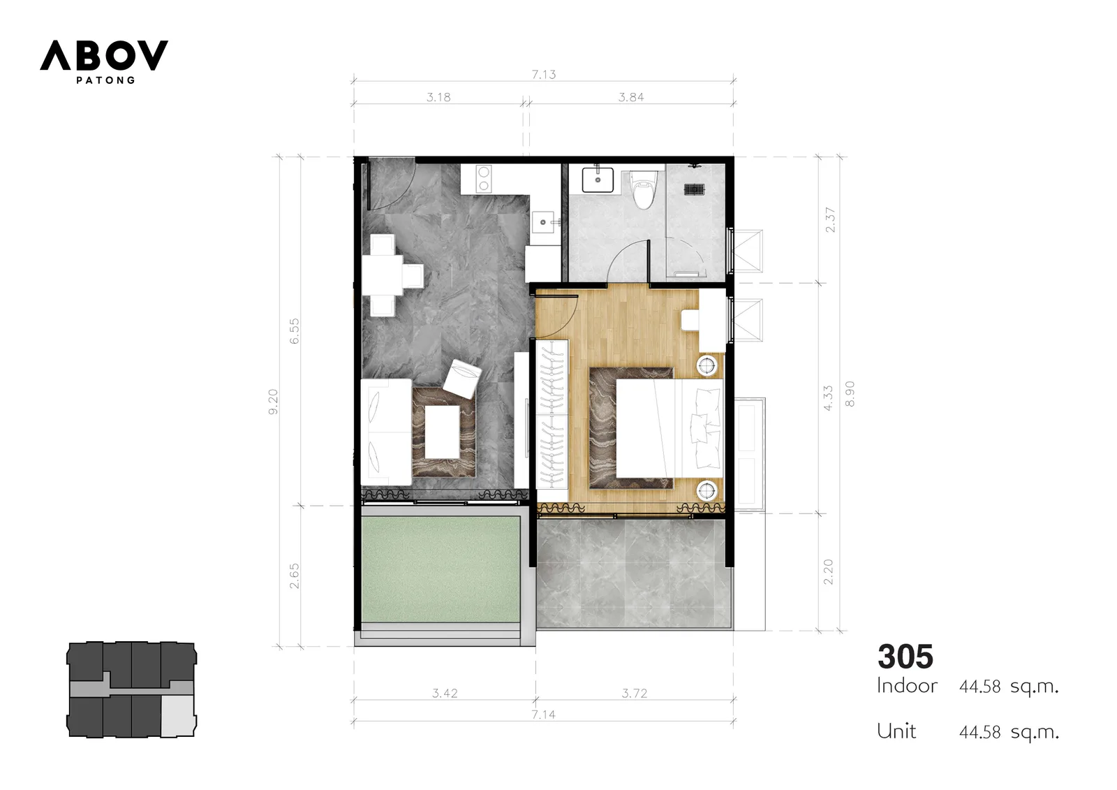 1-bedroom condo, 44 sqm