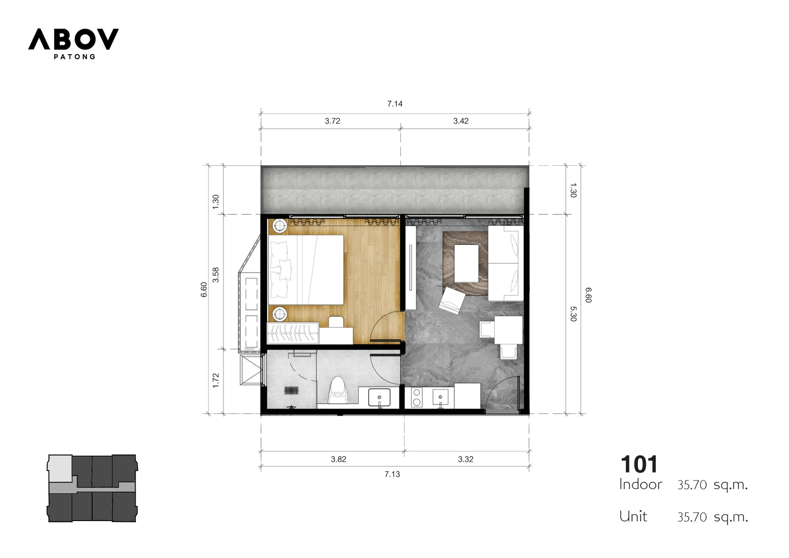 1-bedroom condo, 44 sqm