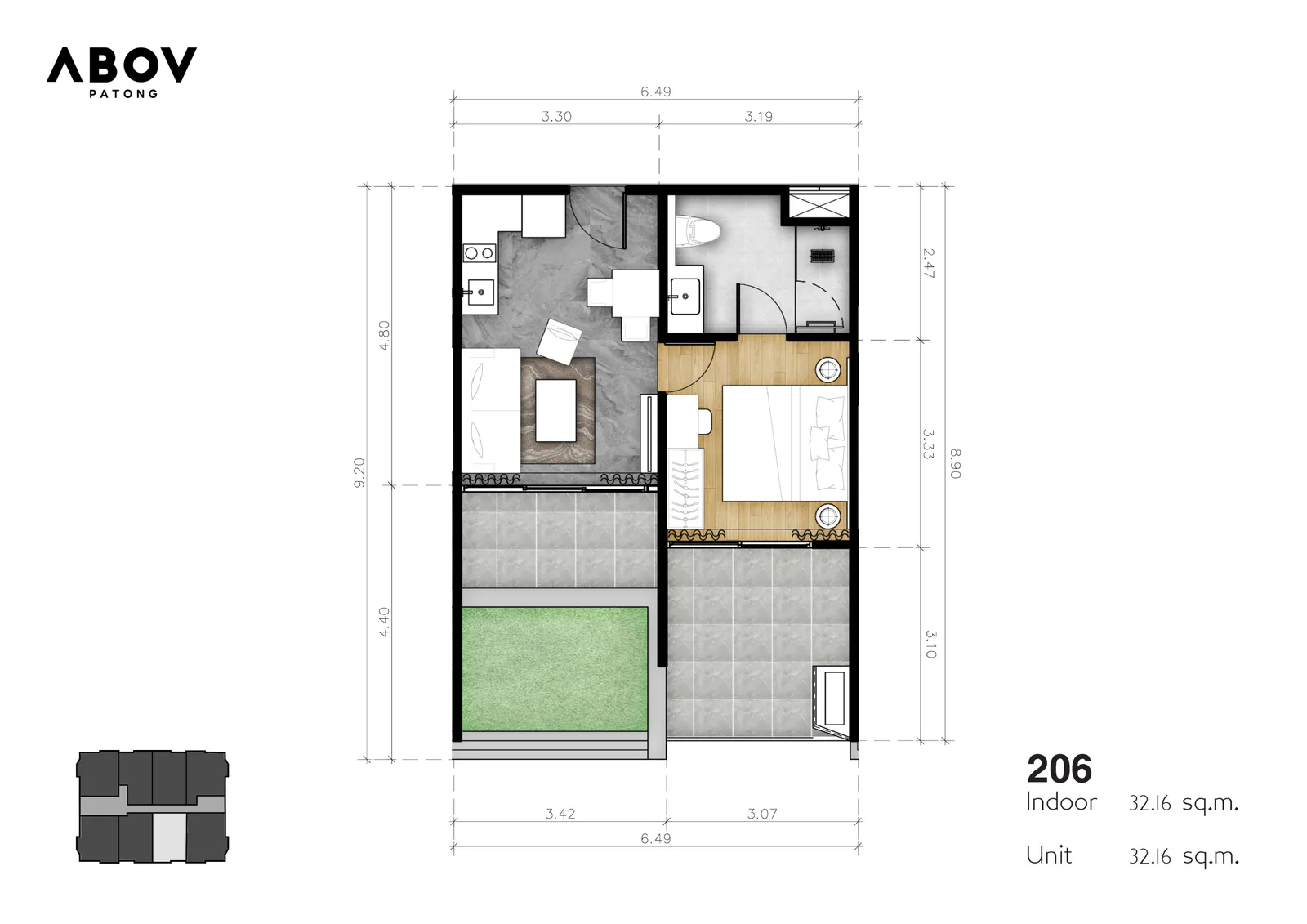 1-bedroom condo, 44 sqm