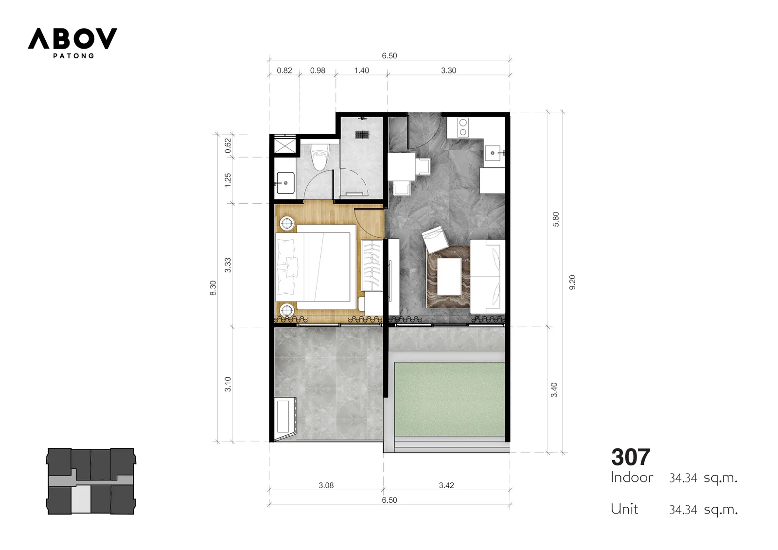 1-bedroom condo, 44 sqm