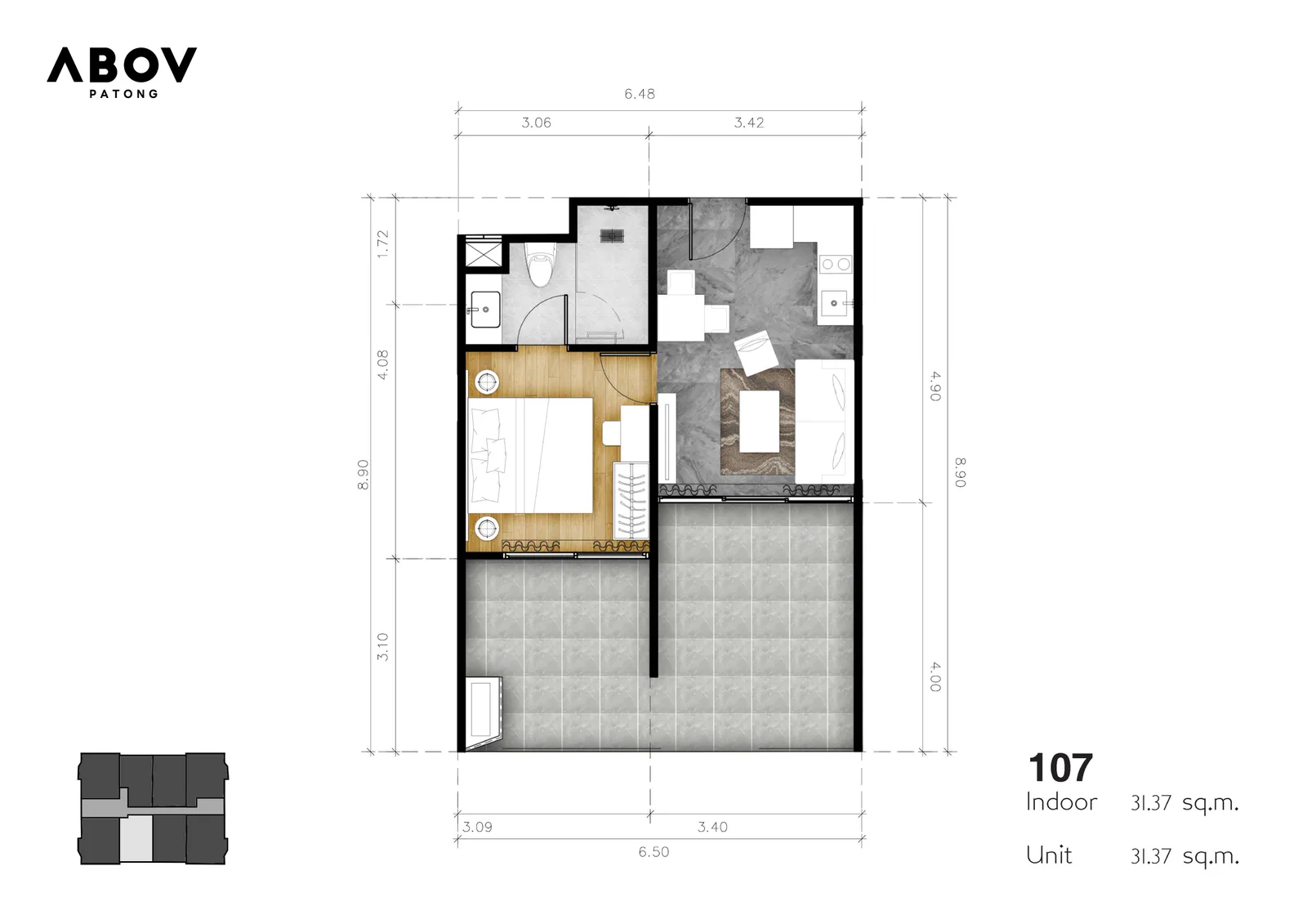 1-bedroom condo, 44 sqm