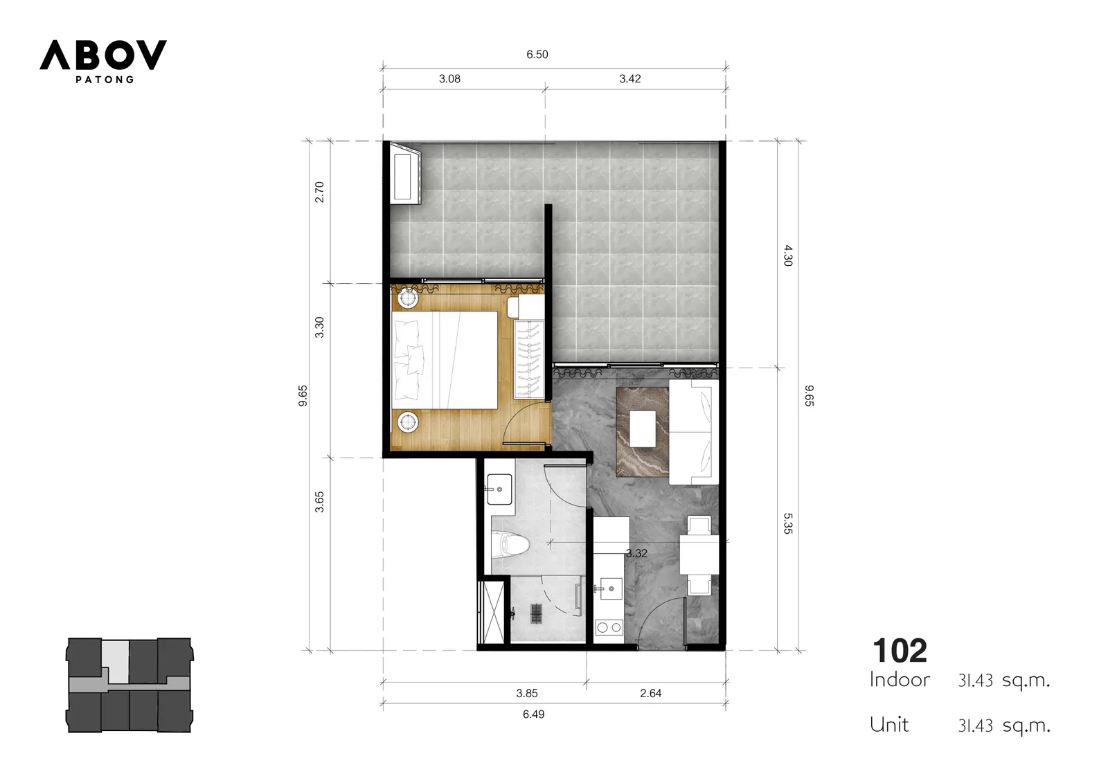 1-bedroom condo, 44 sqm