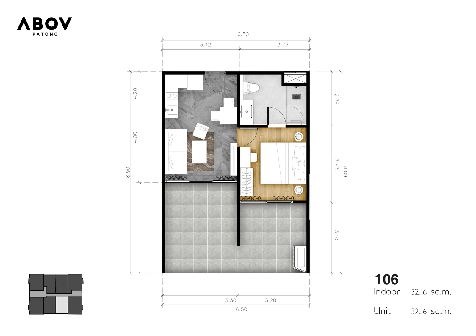 1-bedroom condo, 44 sqm