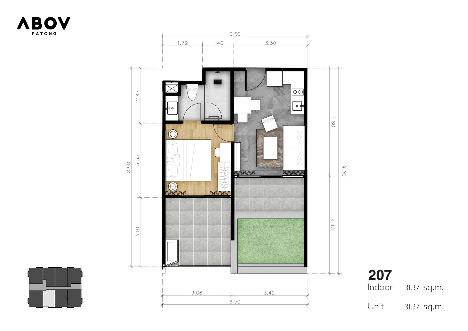 1-bedroom condo, 44 sqm