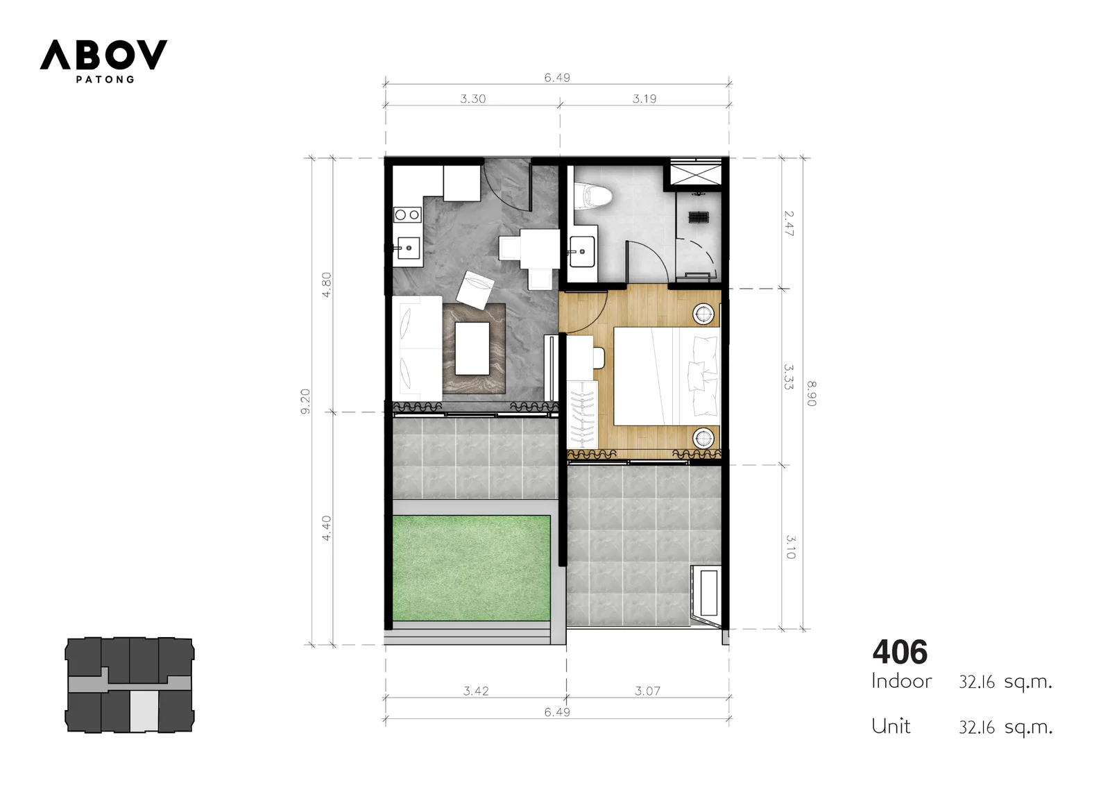 1-bedroom condo, 44 sqm