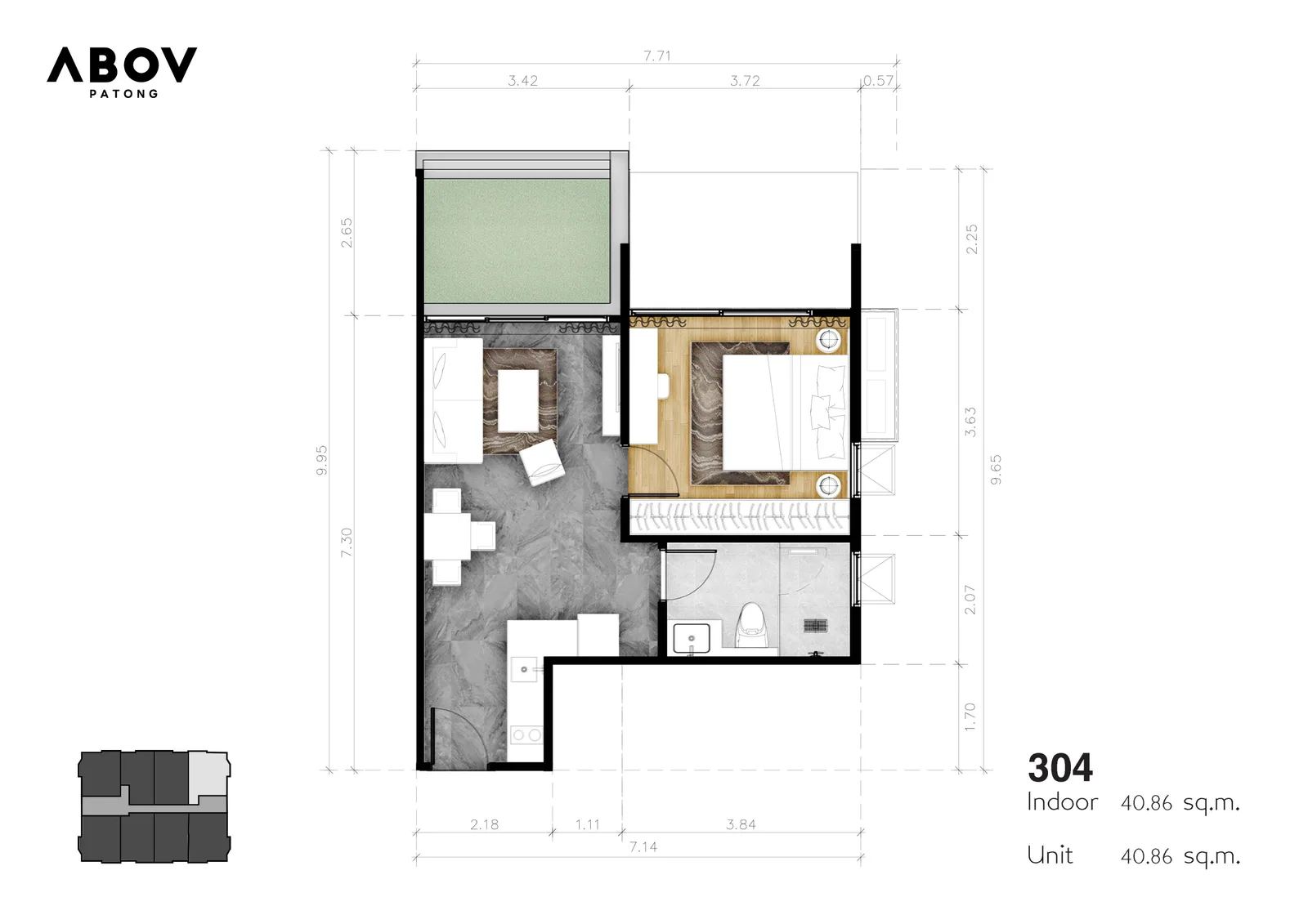 1-bedroom condo, 44 sqm
