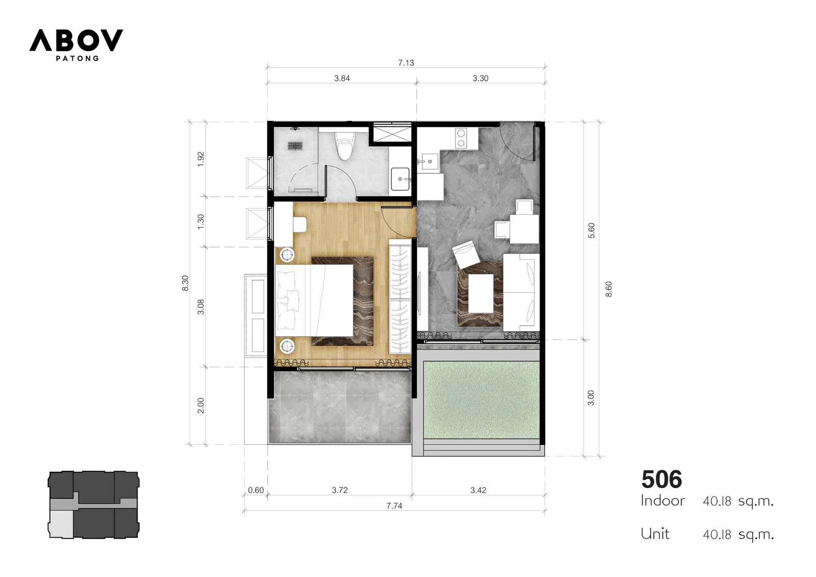 1-bedroom condo, 44 sqm