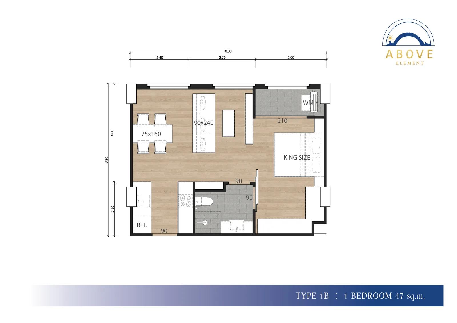 1-bedroom condo, 38 sqm