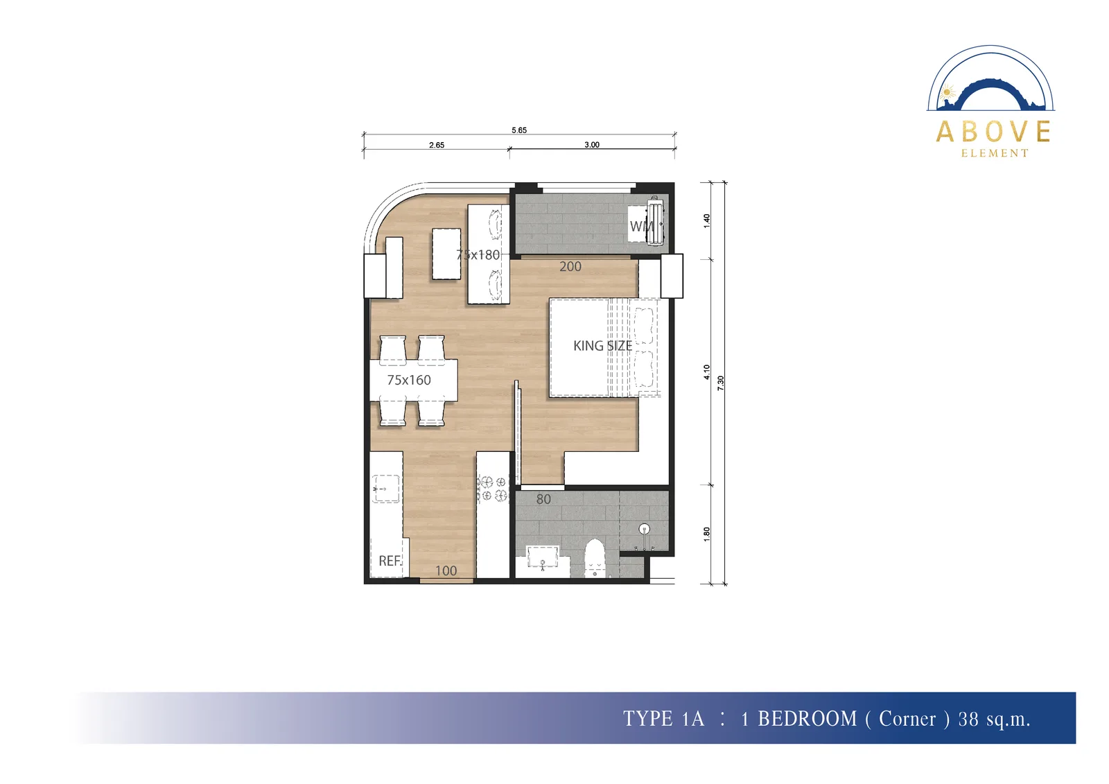 1-bedroom condo, 38 sqm