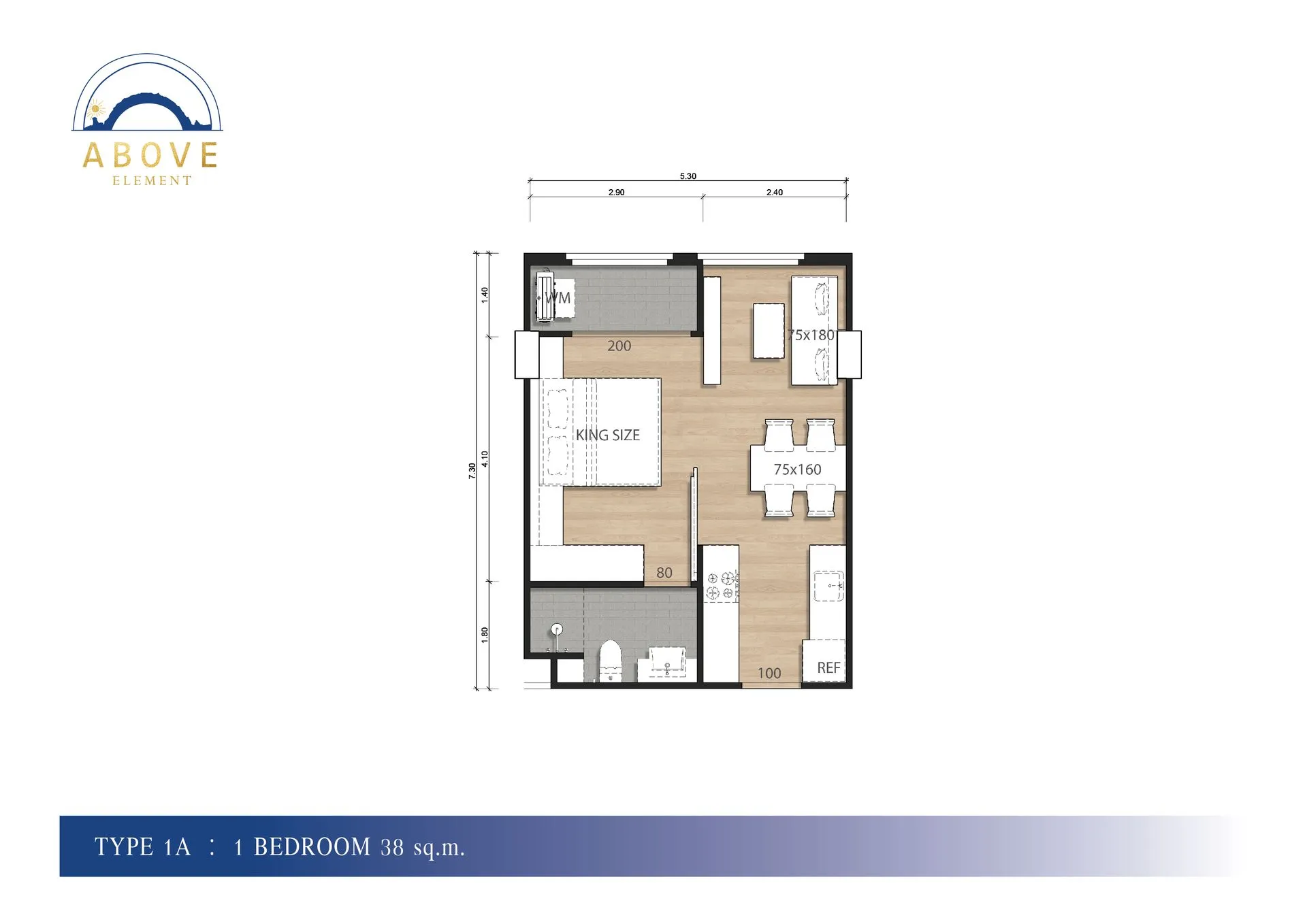 1-bedroom condo, 38 sqm