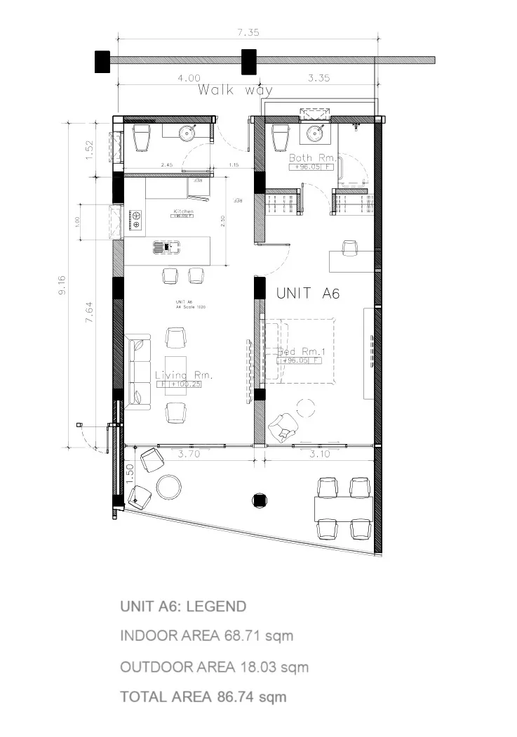 1-bedroom condo, 69 sqm