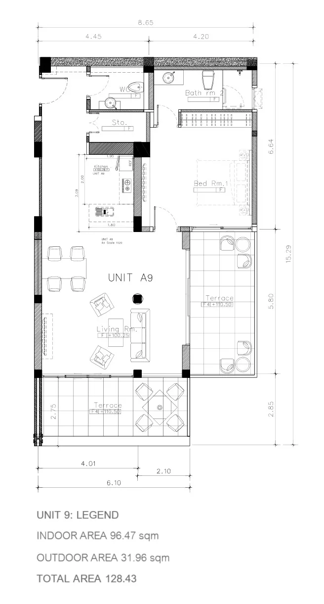 1-bedroom condo, 69 sqm