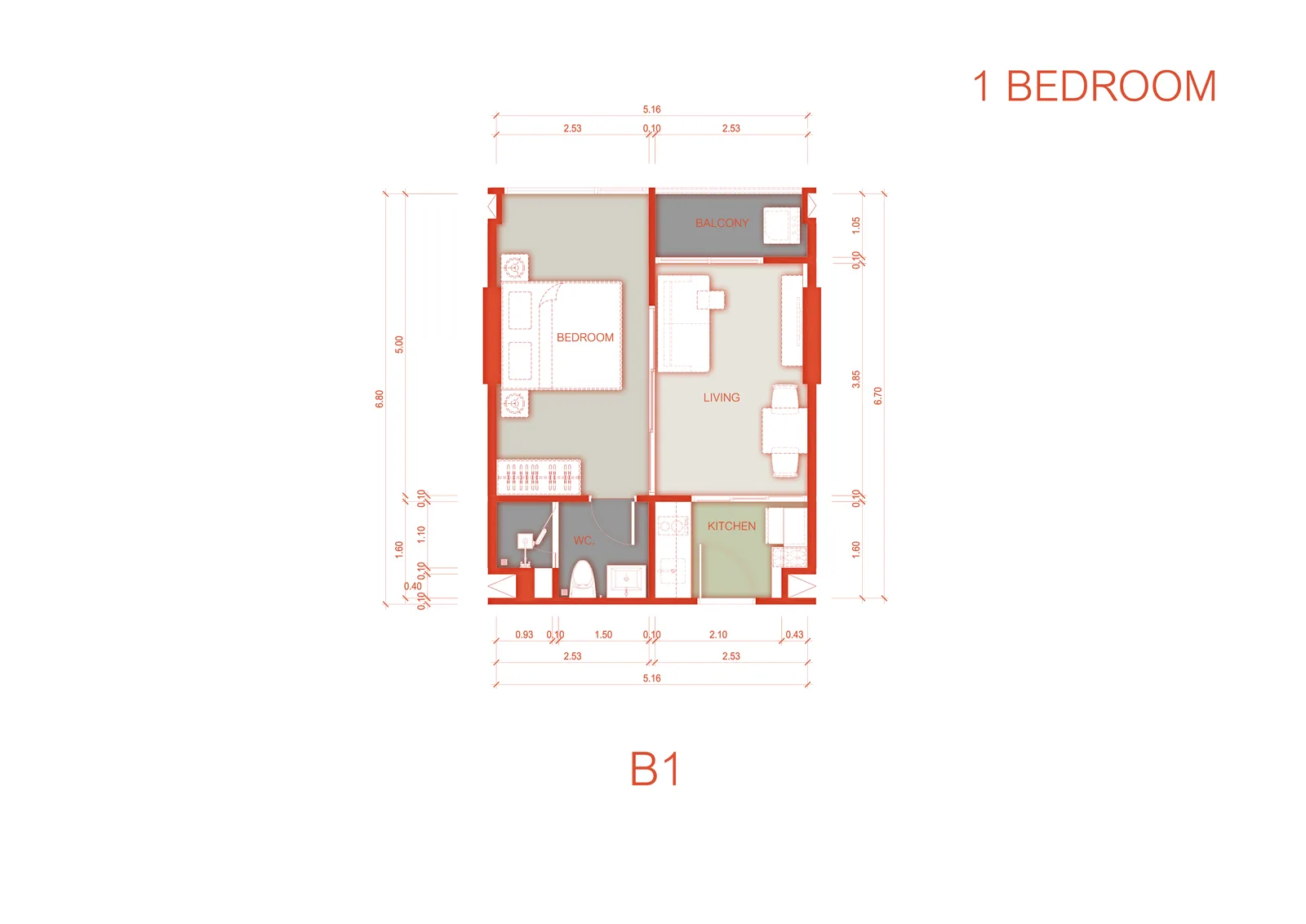 1-bedroom condo, 34 sqm