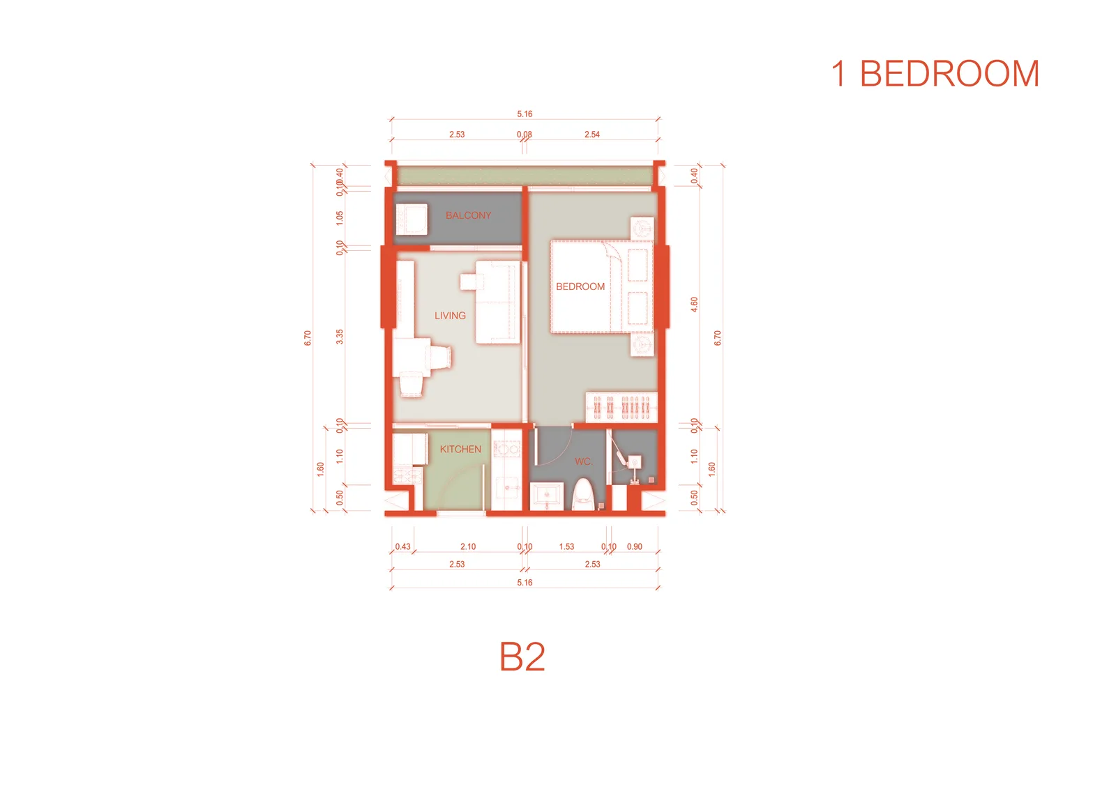 1-bedroom condo, 34 sqm