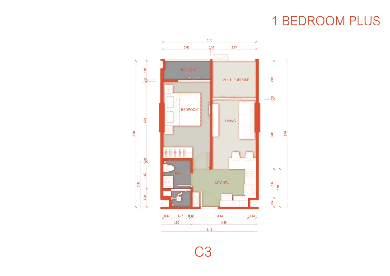 1-bedroom condo, 34 sqm