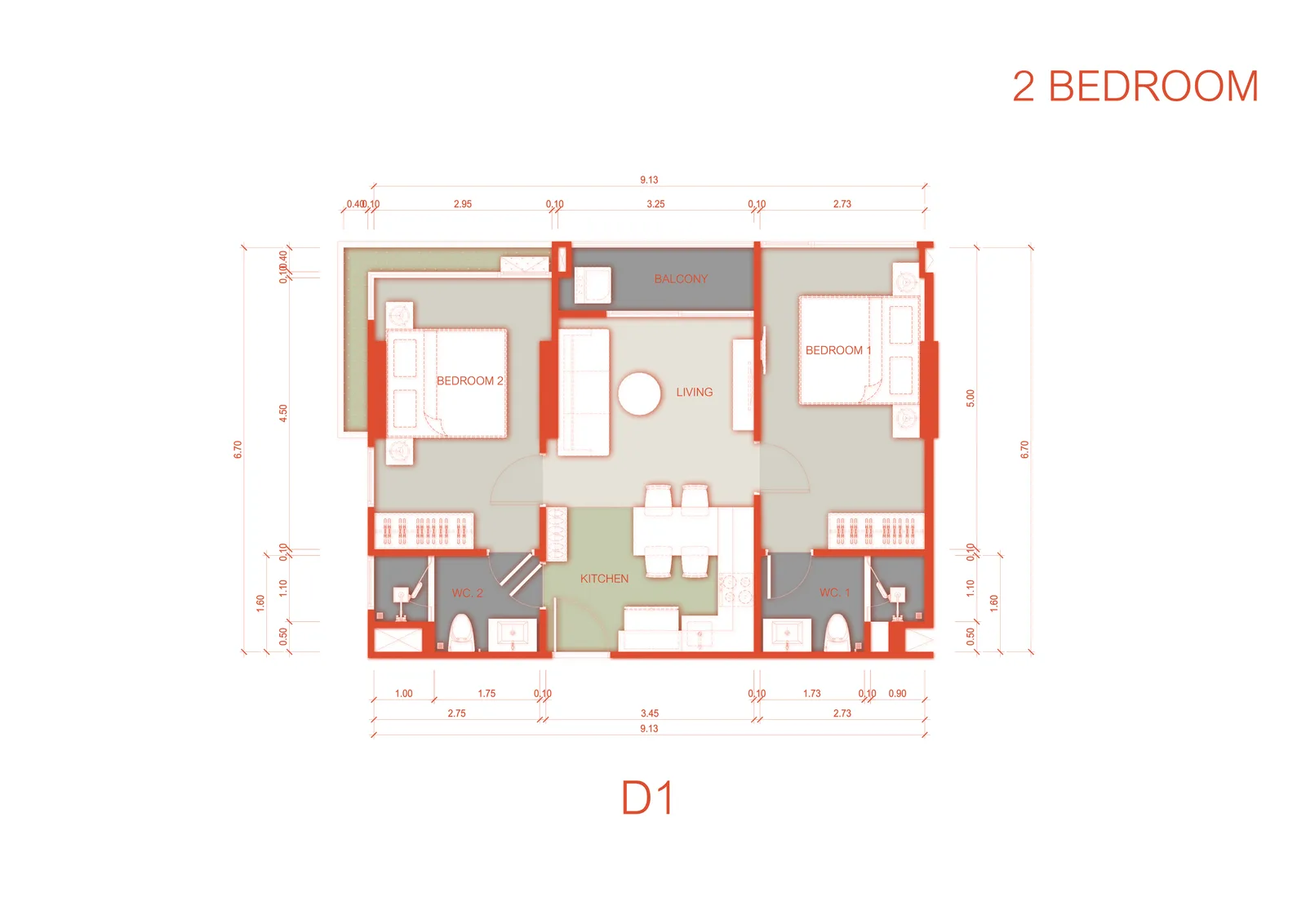 2-bedroom condo, 58 sqm