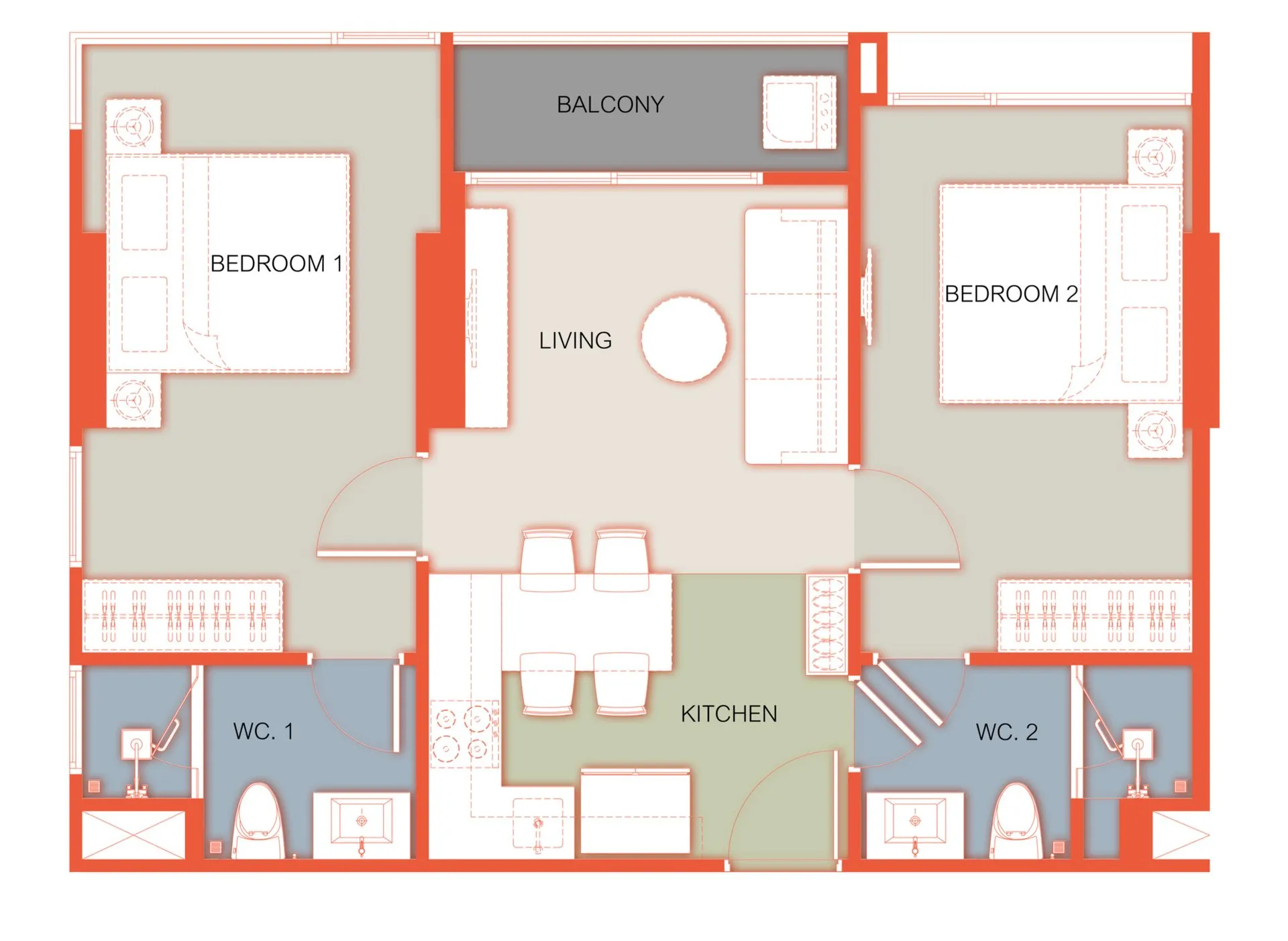 2-bedroom condo, 58 sqm
