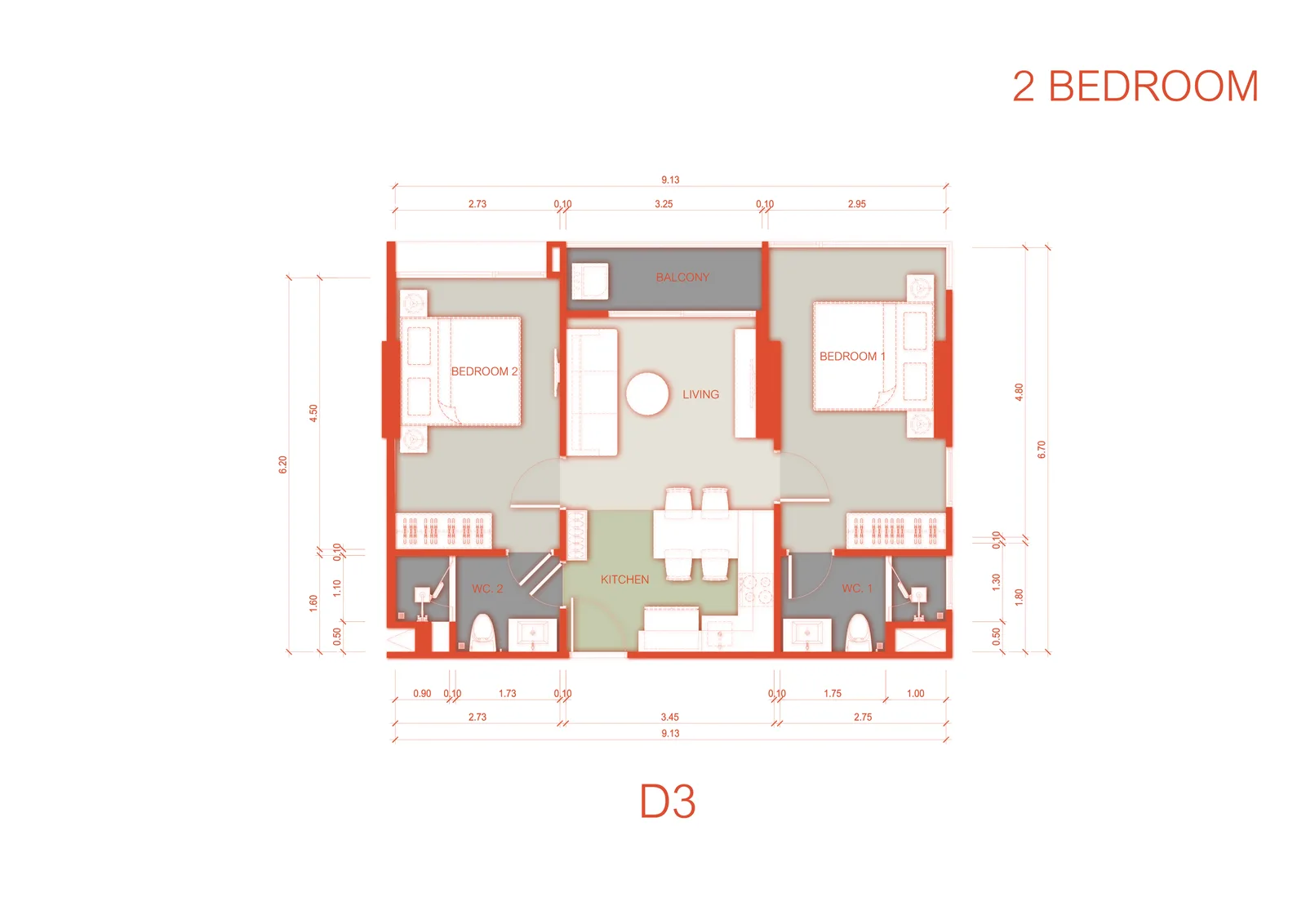 2-bedroom condo, 58 sqm