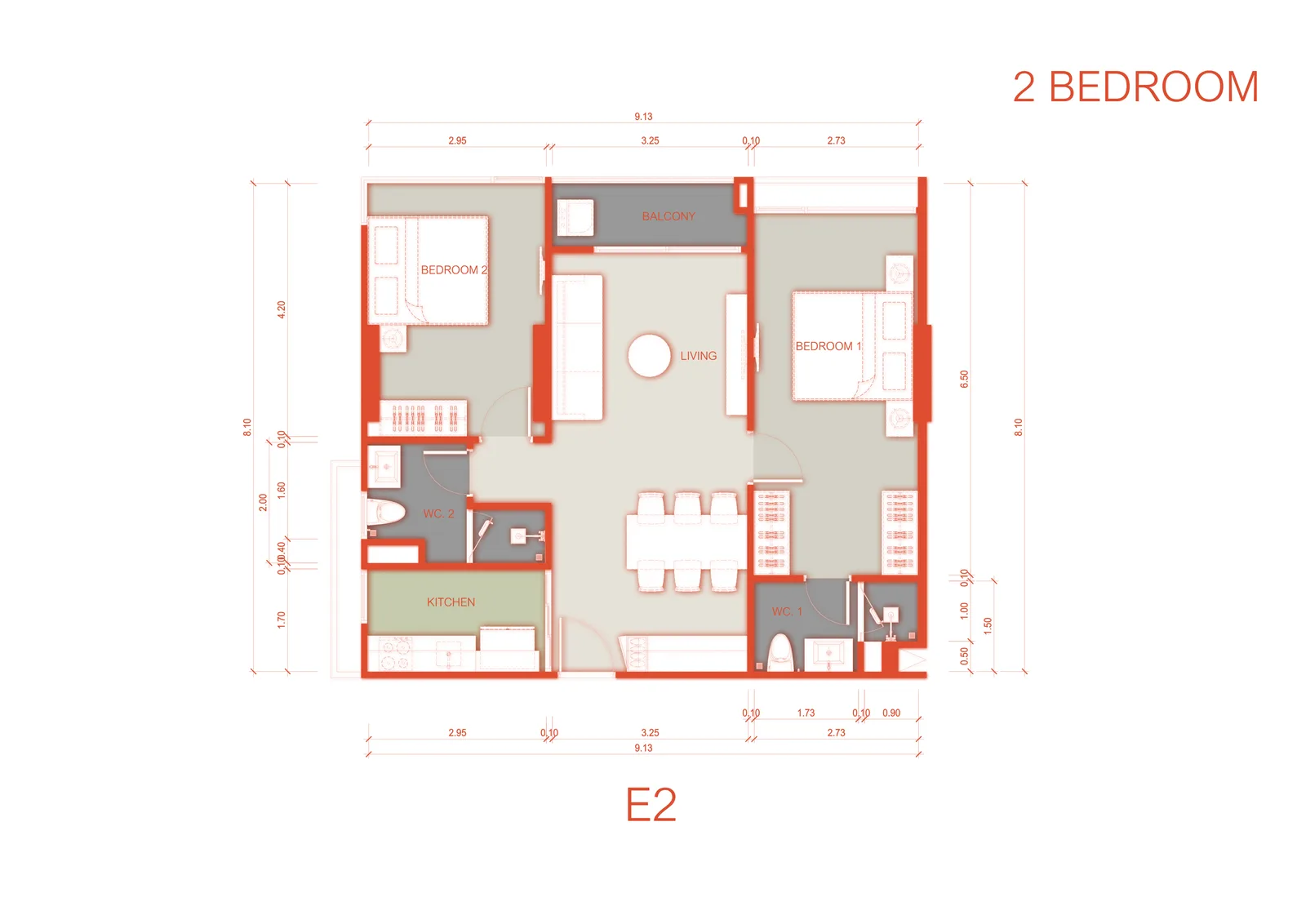 2-bedroom condo, 58 sqm