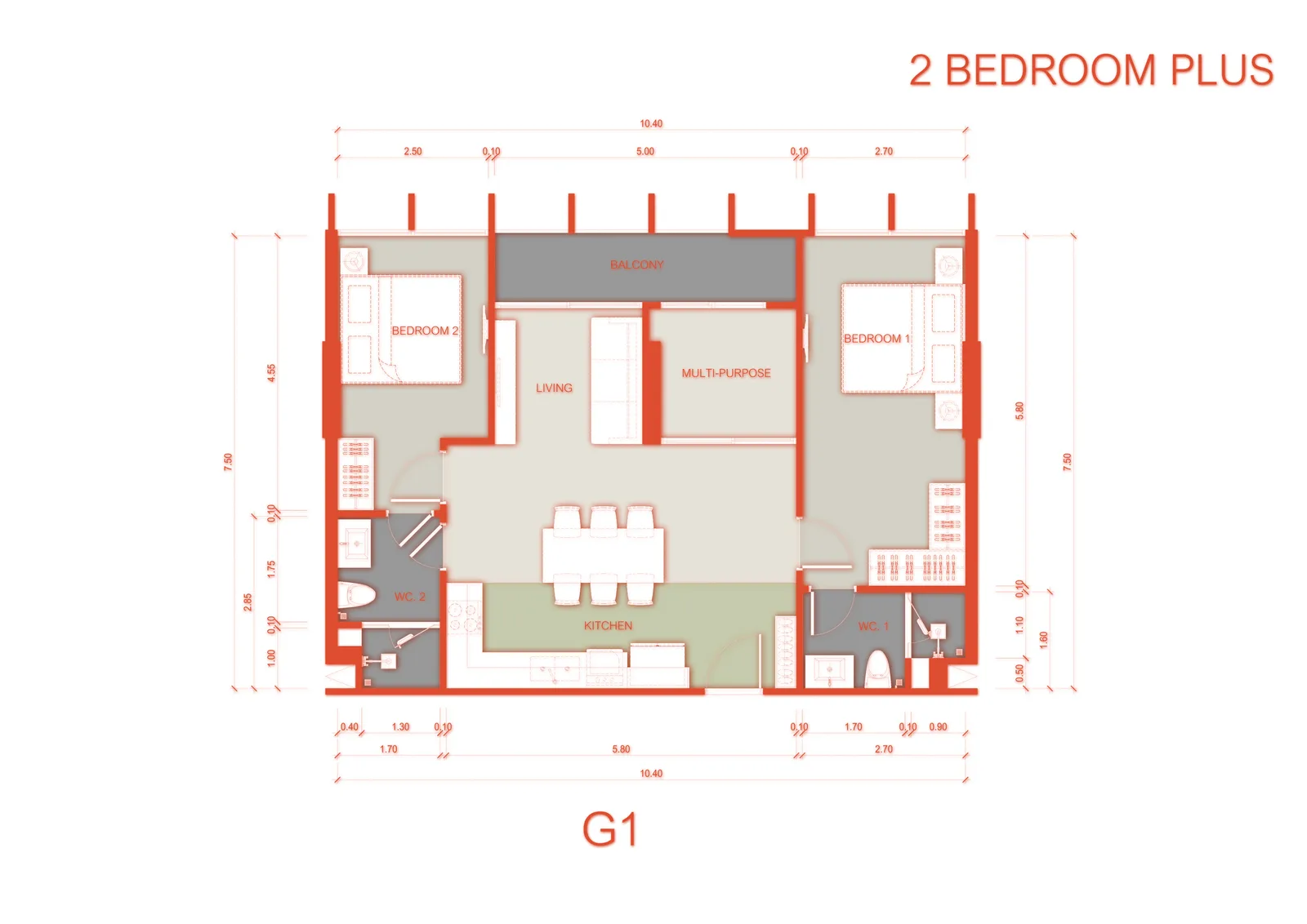 2-bedroom condo, 58 sqm