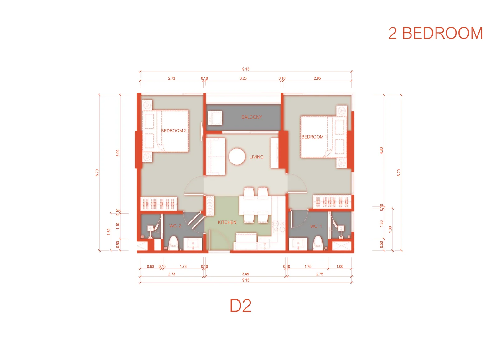 2-bedroom condo, 58 sqm