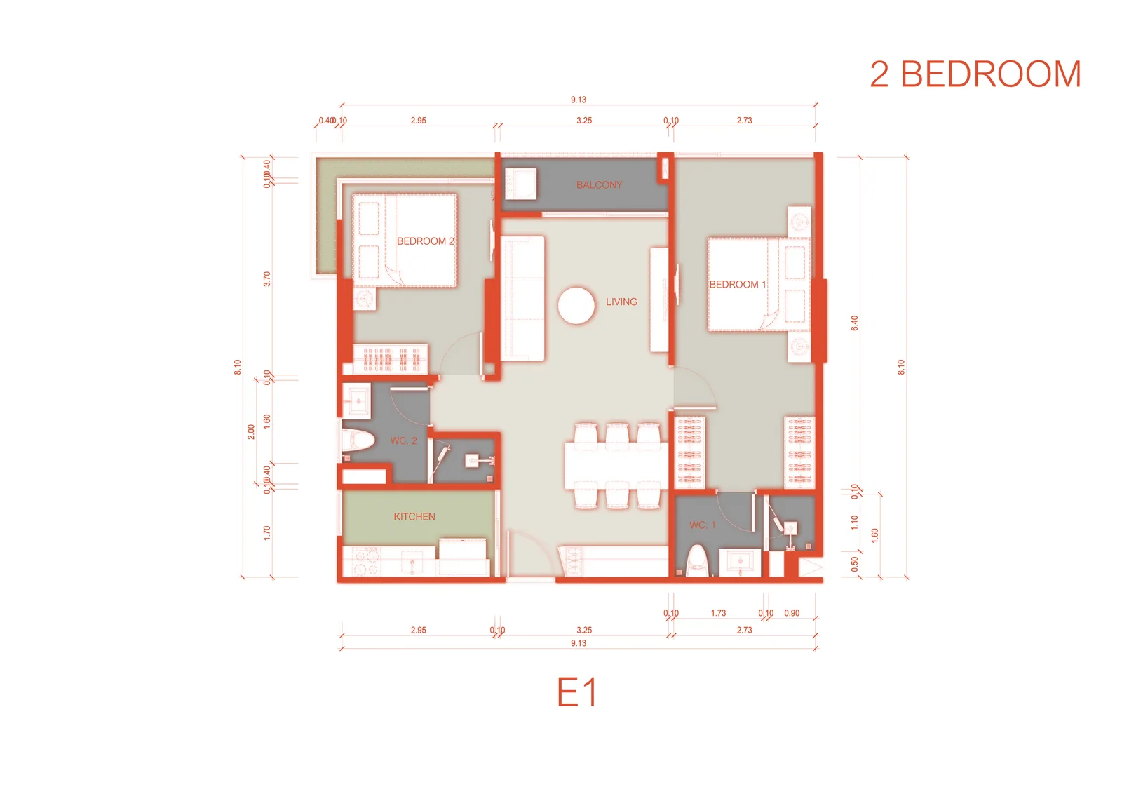 2-bedroom condo, 58 sqm