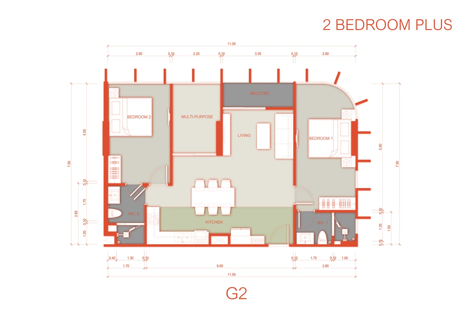 2-bedroom condo, 58 sqm