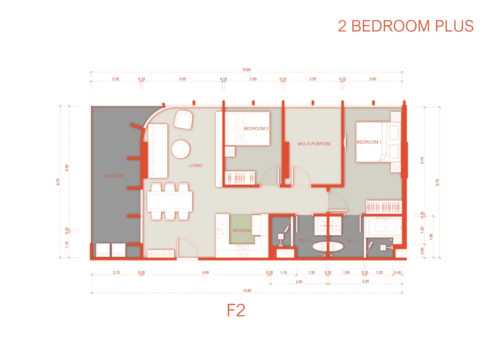 2-bedroom condo, 58 sqm