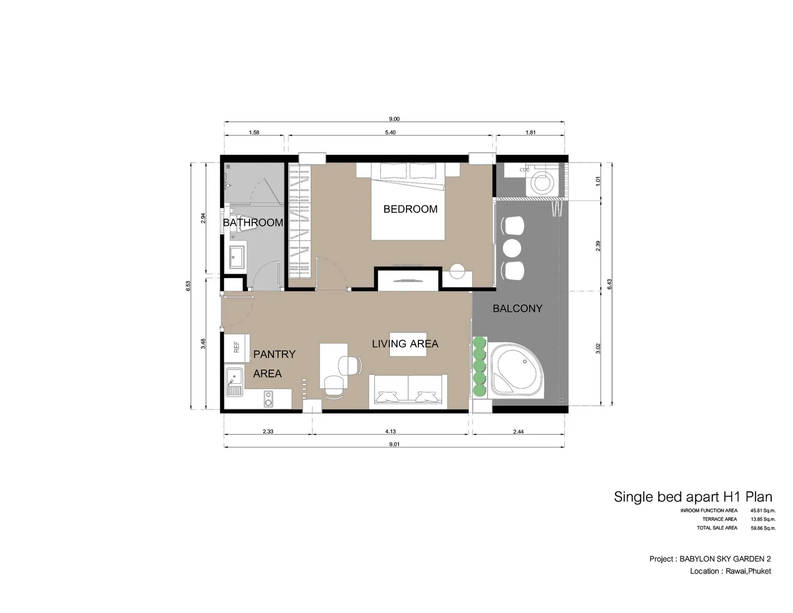 1-bedroom condo, 43 sqm