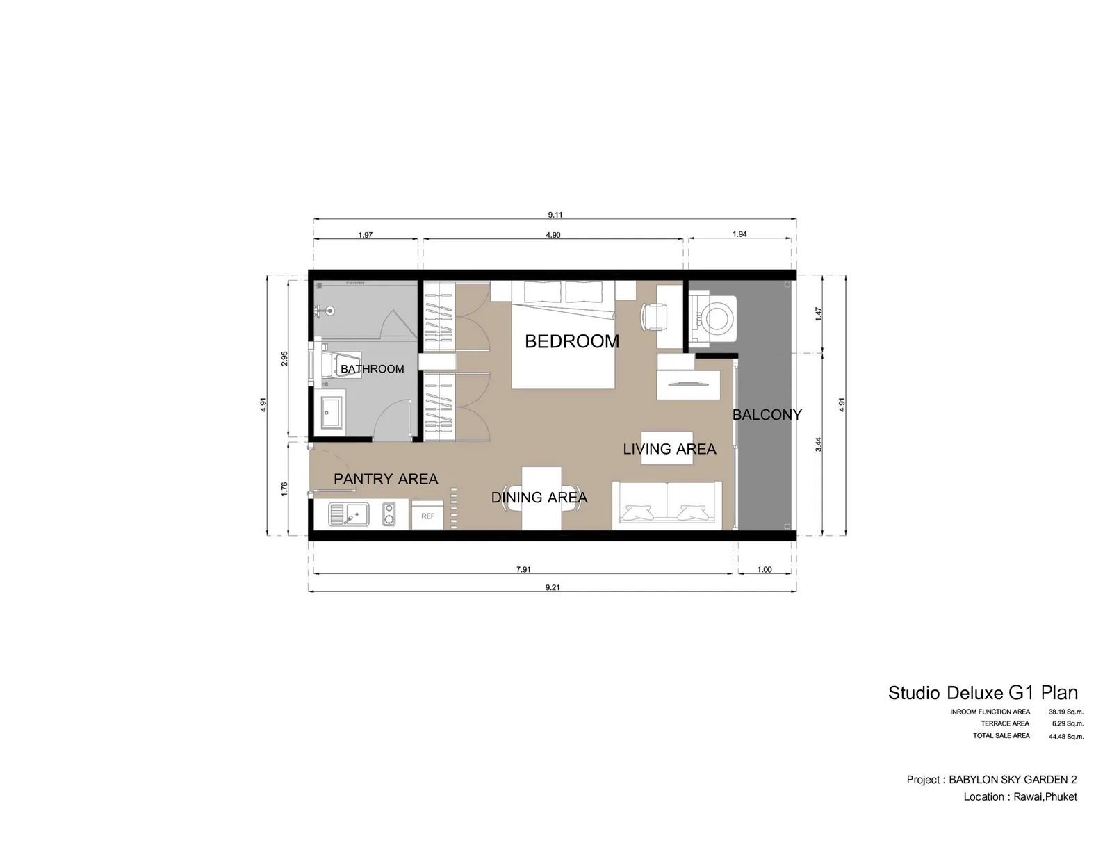 1-bedroom condo, 43 sqm