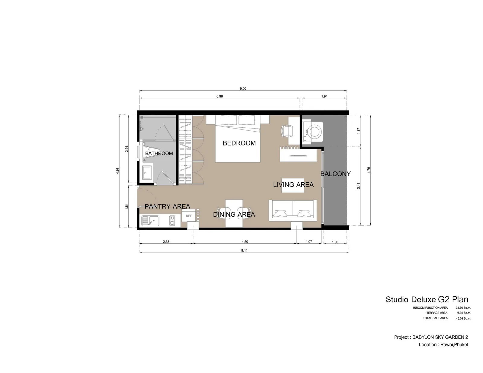 1-bedroom condo, 43 sqm