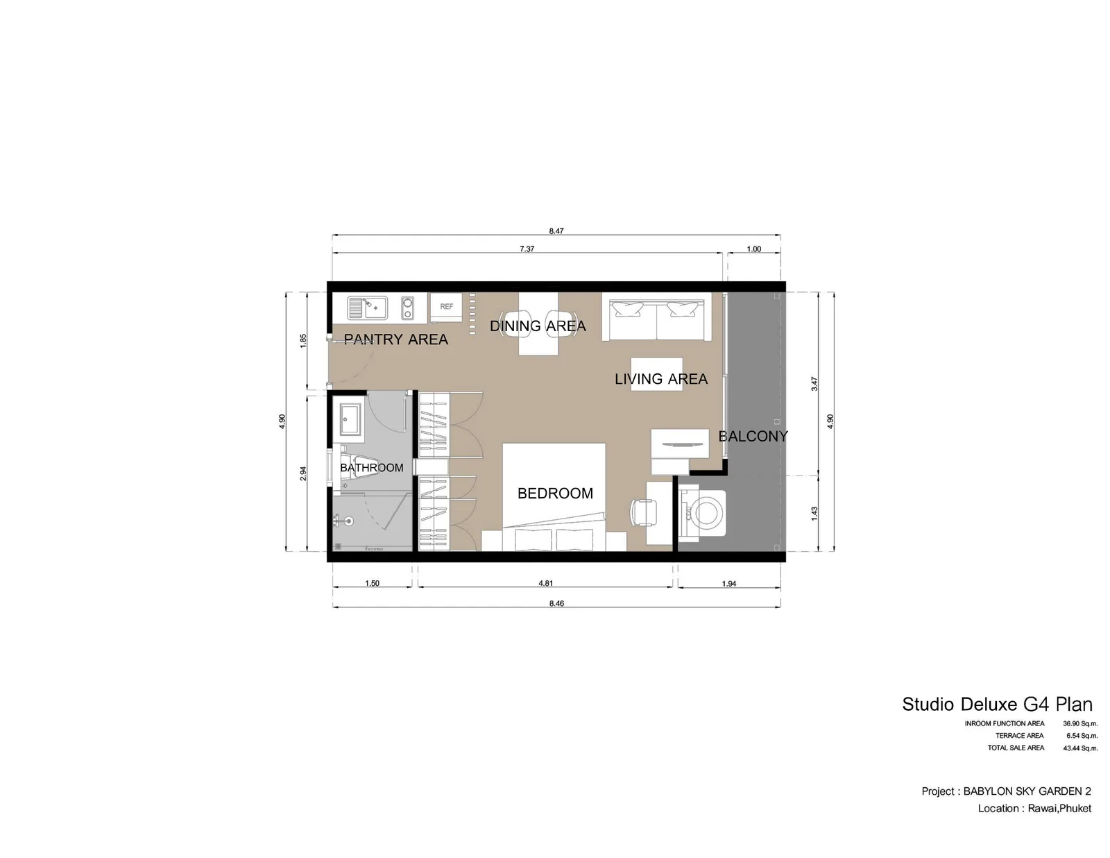 1-bedroom condo, 43 sqm