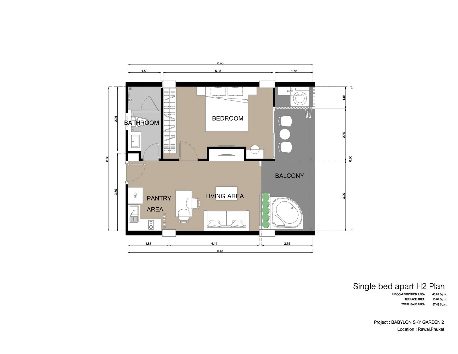1-bedroom condo, 43 sqm