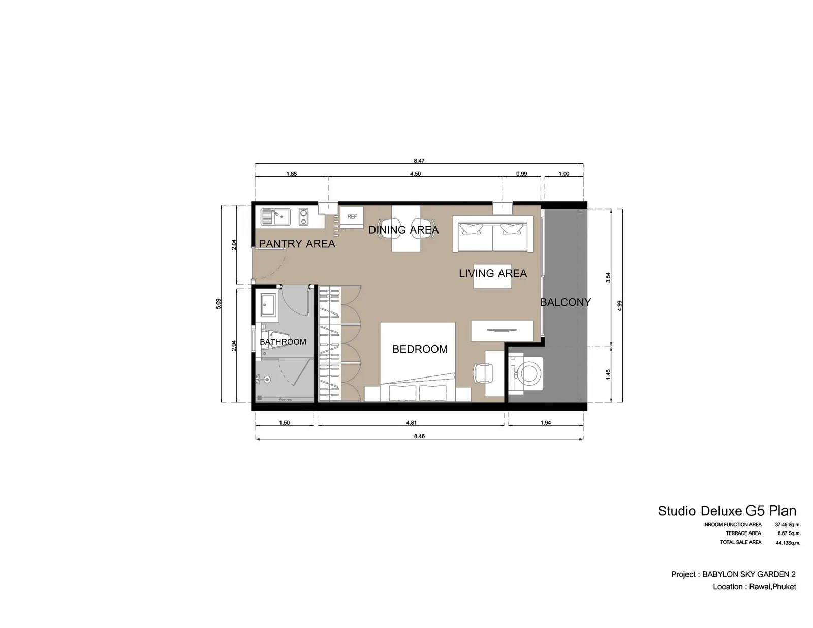 1-bedroom condo, 43 sqm
