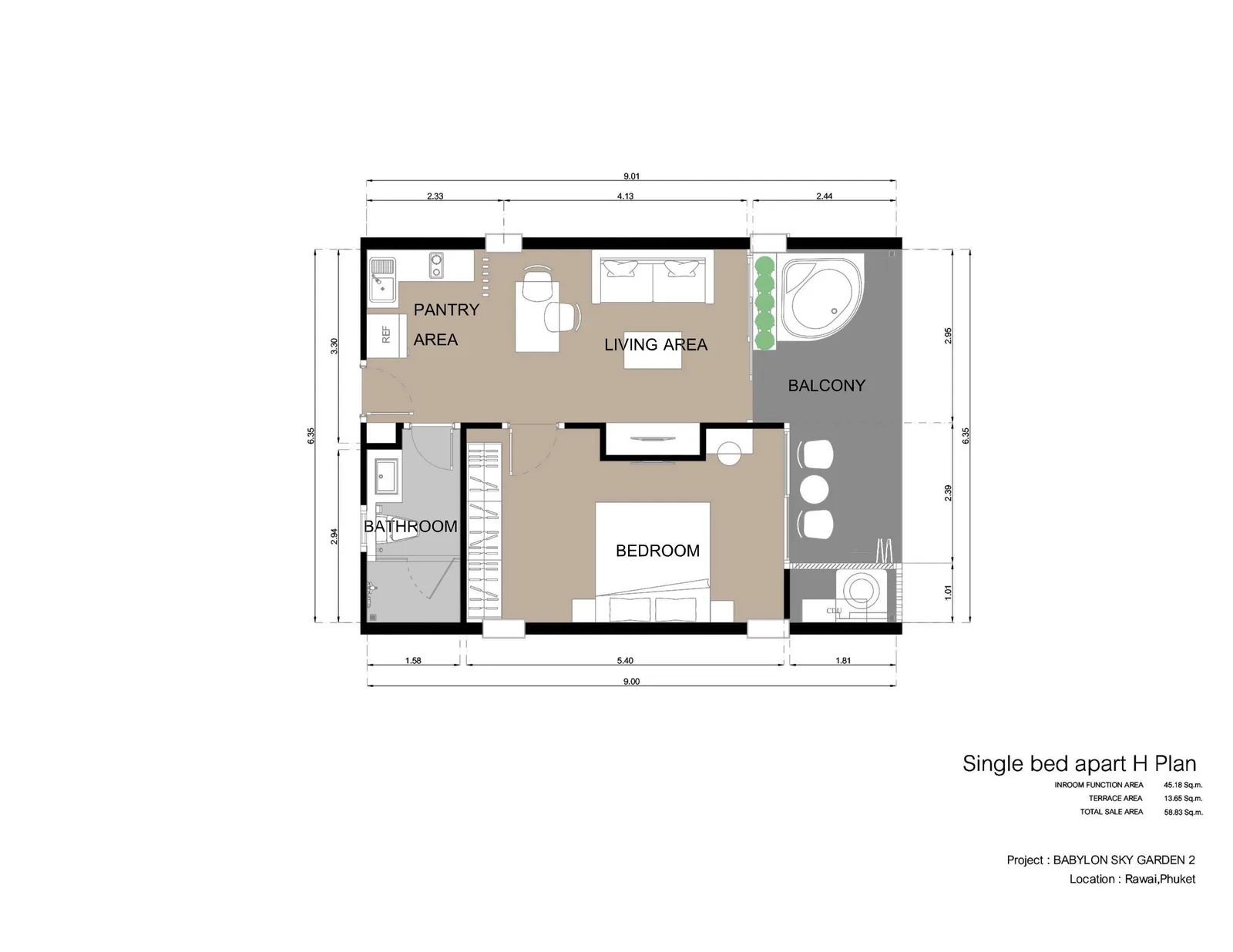 1-bedroom condo, 43 sqm