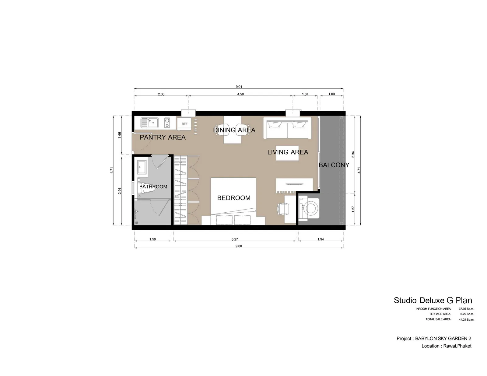 1-bedroom condo, 43 sqm