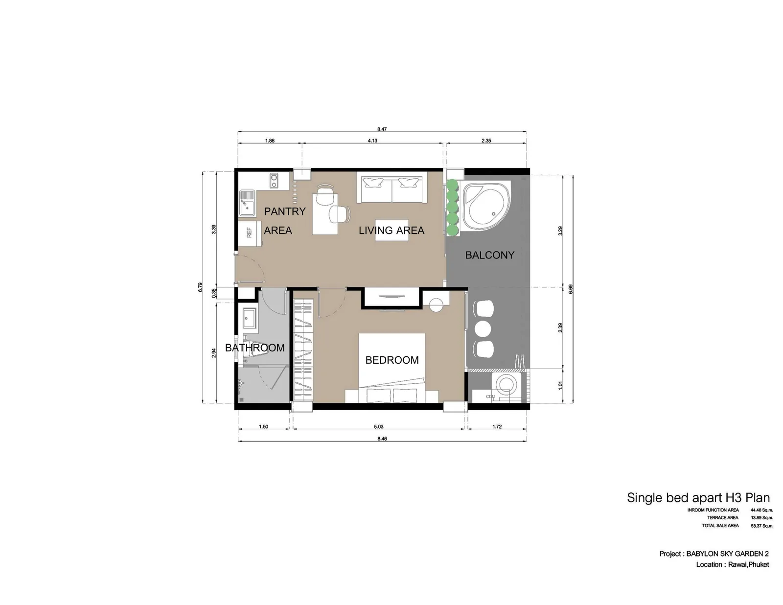 1-bedroom condo, 43 sqm