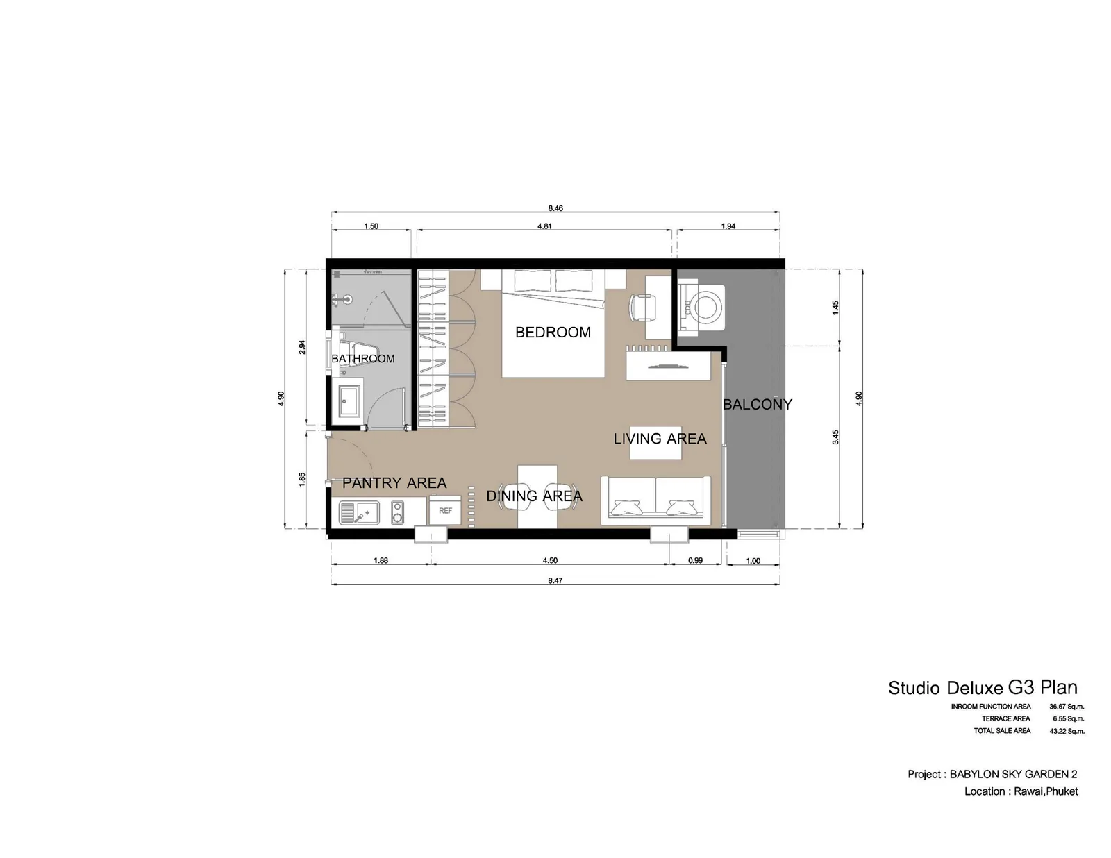 1-bedroom condo, 43 sqm