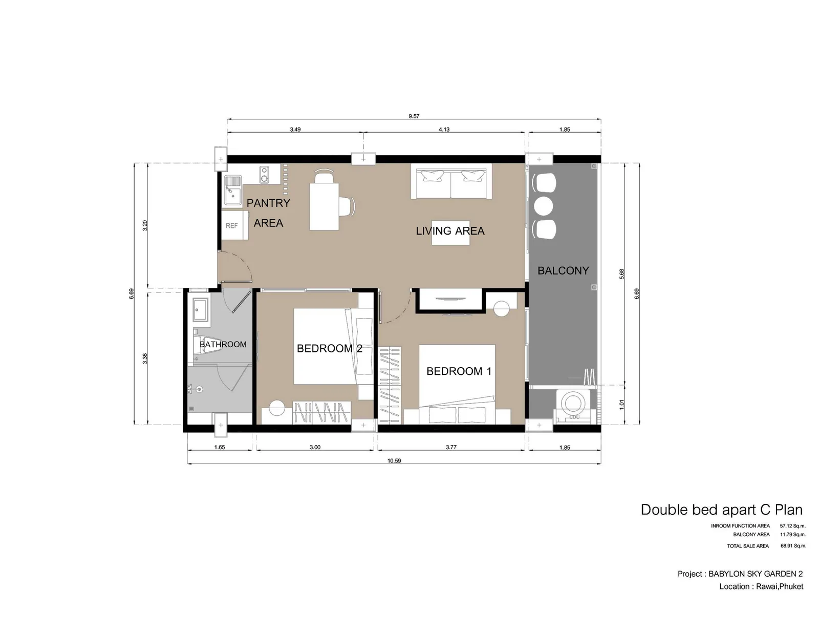 2-bedroom condo, 68 sqm