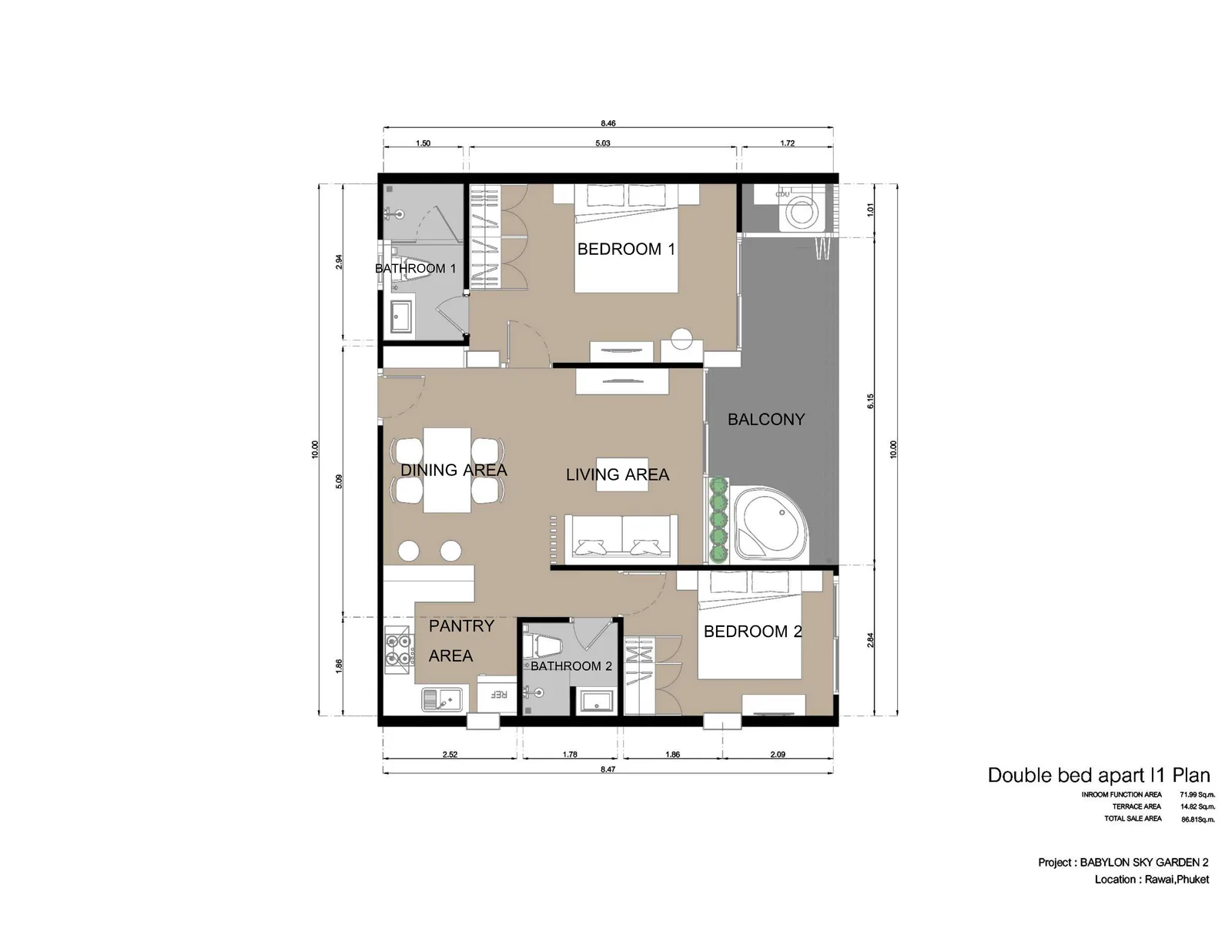 2-bedroom condo, 68 sqm