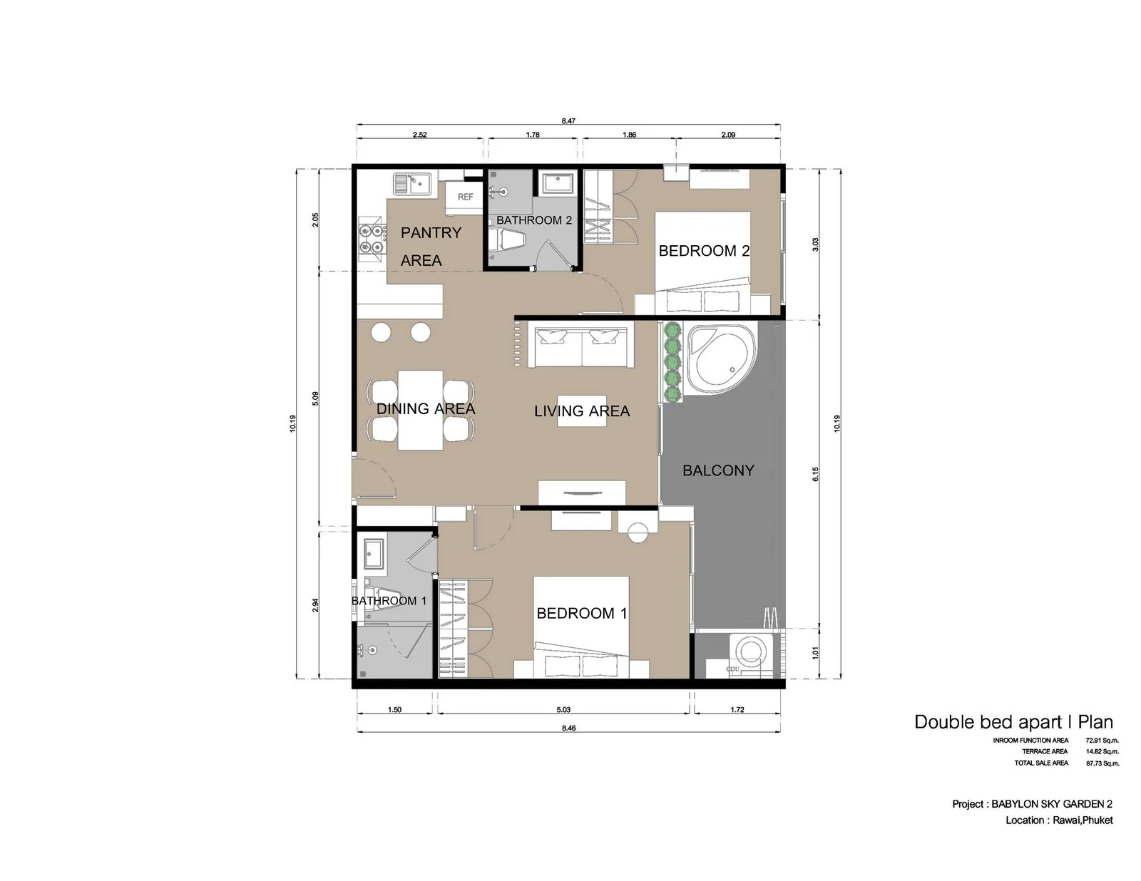 2-bedroom condo, 68 sqm