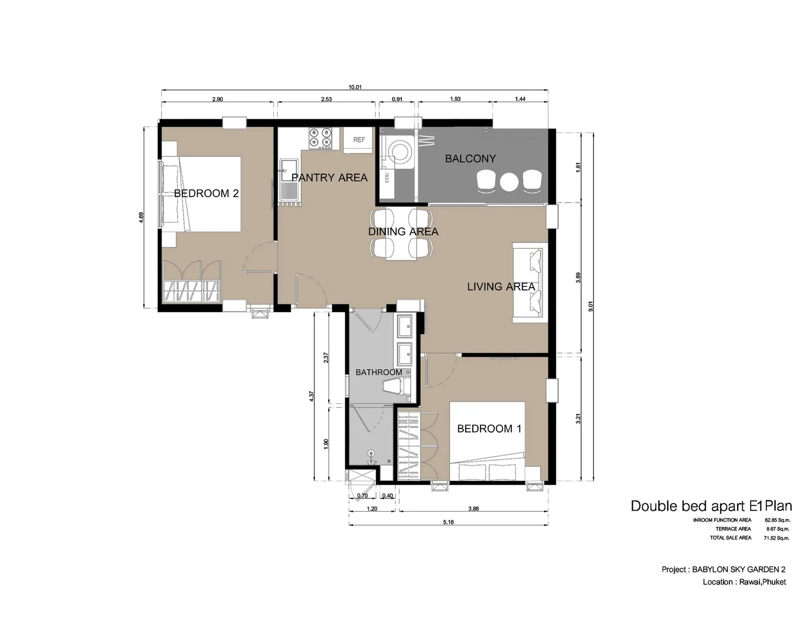 2-bedroom condo, 68 sqm