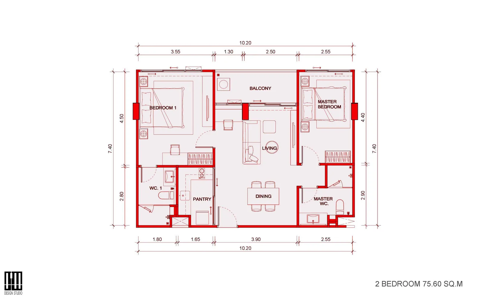 2-bedroom condo, 75 sqm